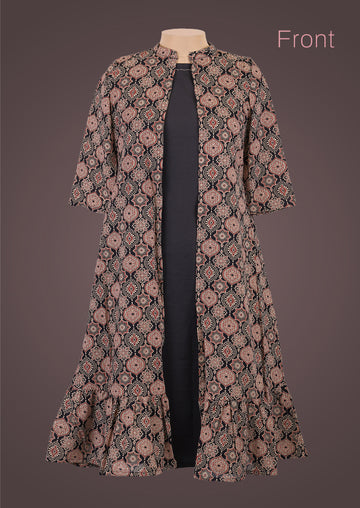 Shrug Edit - Cotton A-Line Top with Ajrakh Printed Shrug Set