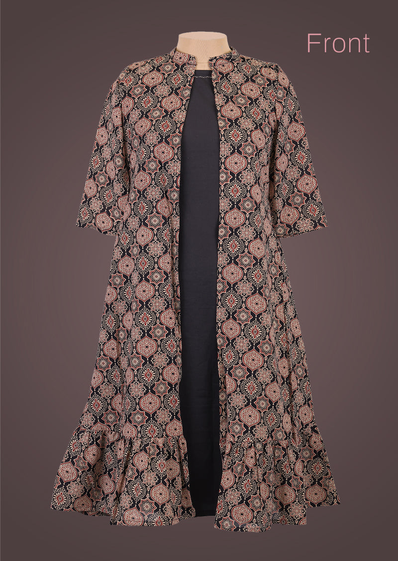 Shrug Edit - Cotton A-Line Top with Ajrakh Printed Shrug Set