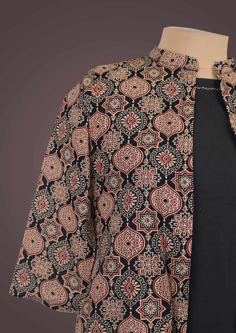 Shrug Edit - Cotton A-Line Top with Ajrakh Printed Shrug Set