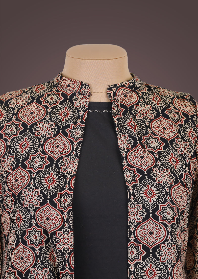 Shrug Edit - Cotton A-Line Top with Ajrakh Printed Shrug Set